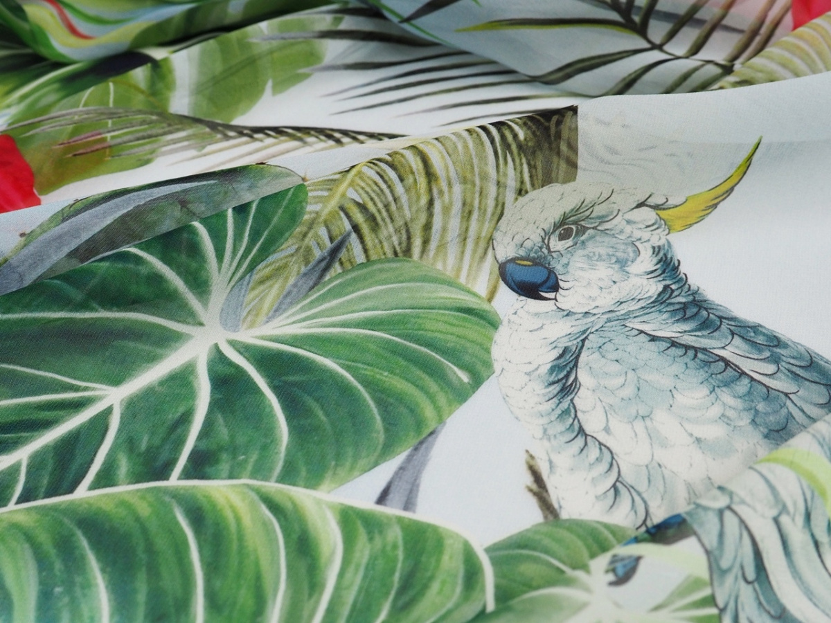 Jedwab szyfon - Flamingi, kolibry i dżungla Jedwab szyfon - Flamingi, kolibry i dżungla