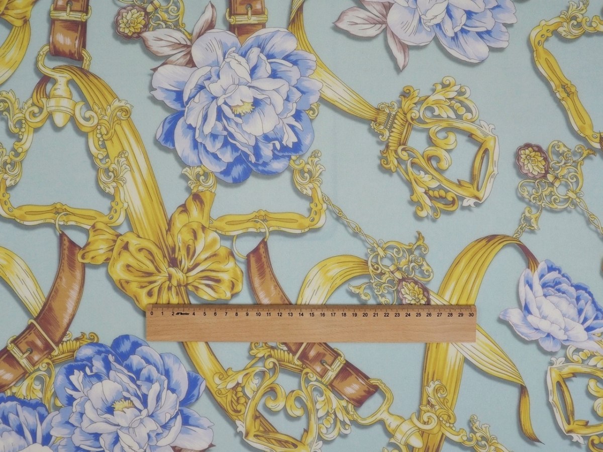 Jedwab szyfon - Niebieskie peonie, złote ornamenty Jedwab szyfon - Niebieskie peonie, złote ornamenty