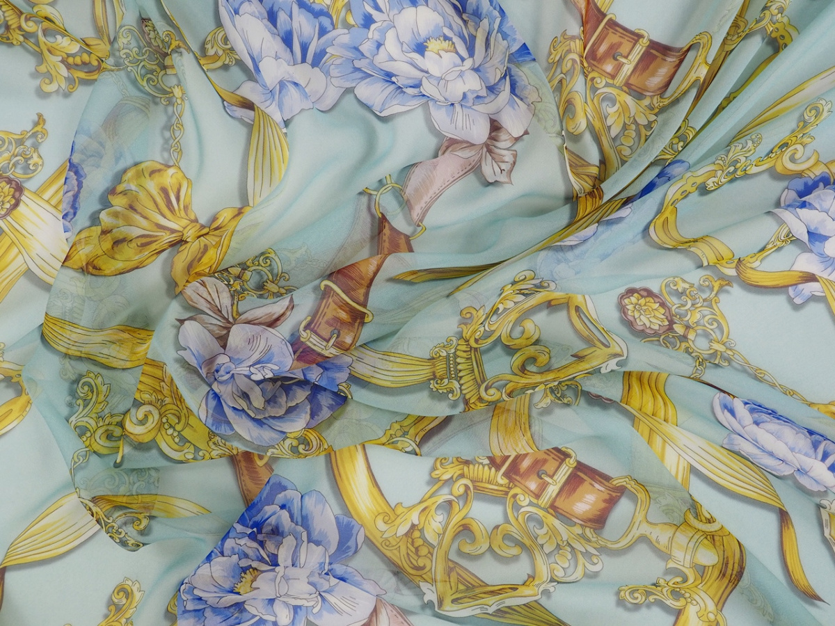 Jedwab szyfon - Niebieskie peonie, złote ornamenty Jedwab szyfon - Niebieskie peonie, złote ornamenty