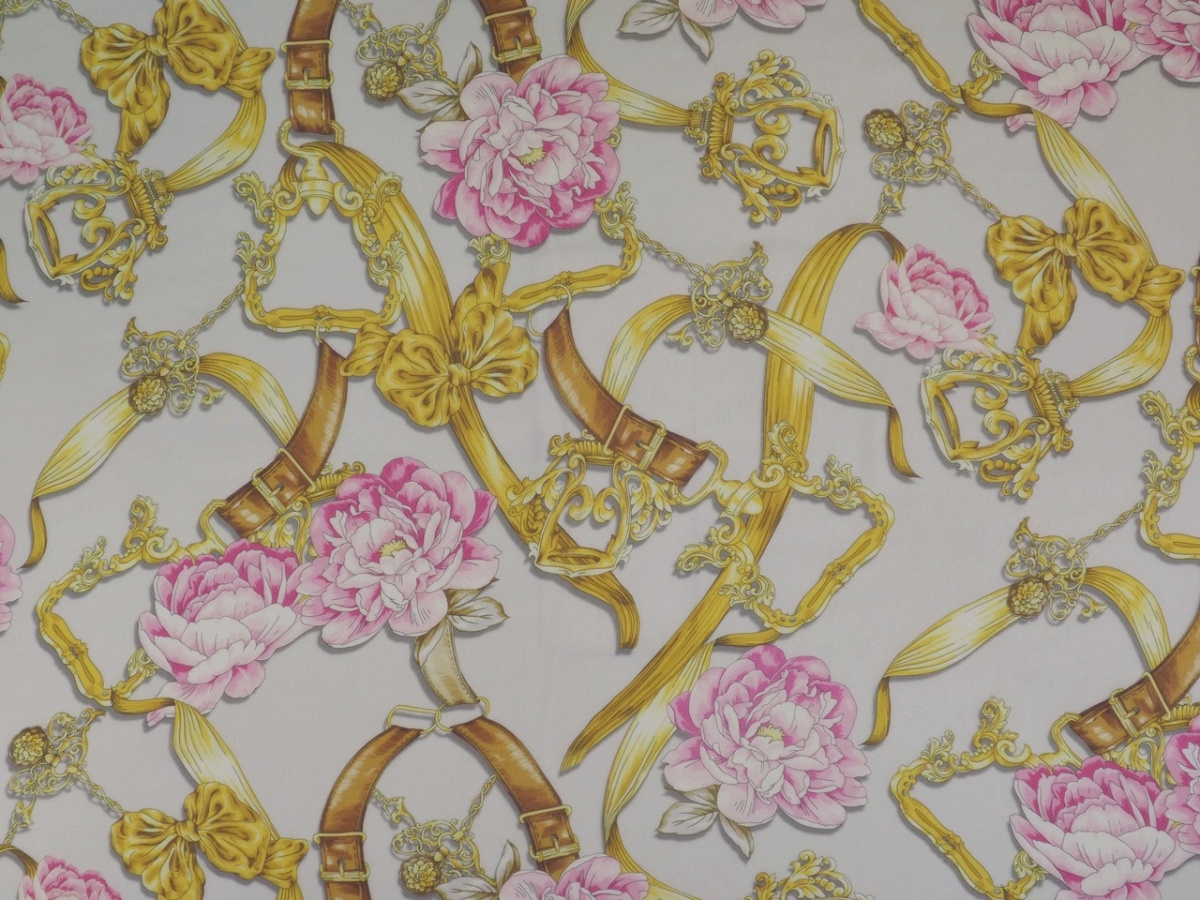 Jedwab szyfon - Różowe peonie, złote ornamenty Jedwab szyfon - Różowe peonie, złote ornamenty