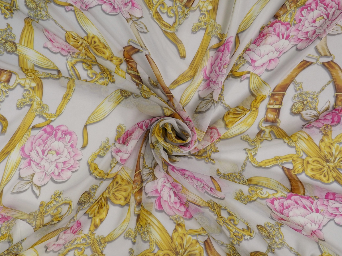 Jedwab szyfon - Różowe peonie, złote ornamenty Jedwab szyfon - Różowe peonie, złote ornamenty