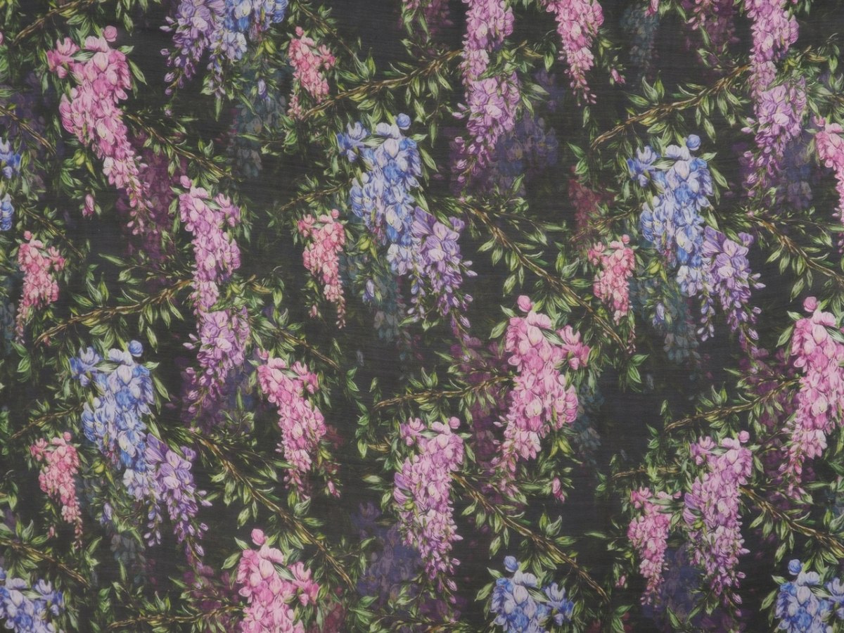 Jedwab szyfon - Kolorowe wisterie czarne tło Jedwab szyfon - Kolorowe wisterie czarne tło
