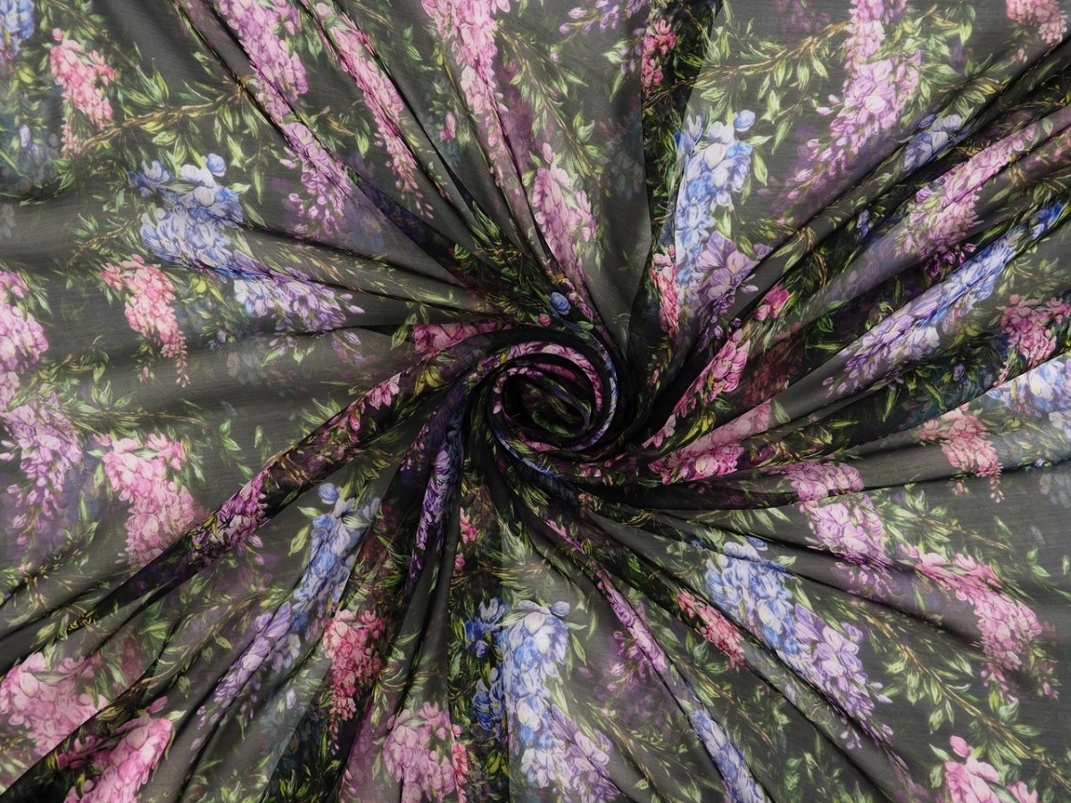 Jedwab szyfon - Kolorowe wisterie czarne tło Jedwab szyfon - Kolorowe wisterie czarne tło