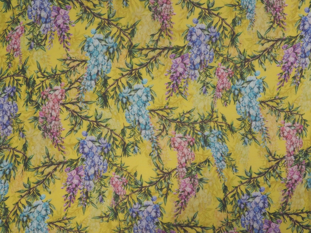 Jedwab szyfon - Kolorowe wisterie żółte tło Jedwab szyfon - Kolorowe wisterie żółte tło