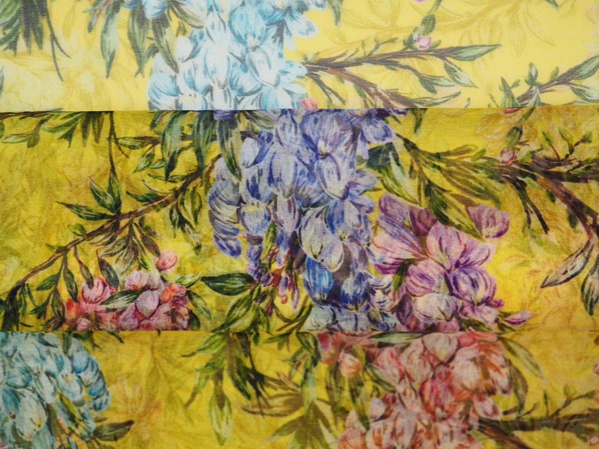 Jedwab szyfon - Kolorowe wisterie żółte tło Jedwab szyfon - Kolorowe wisterie żółte tło