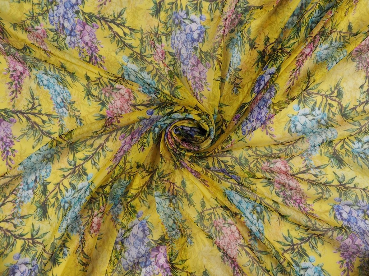Jedwab szyfon - Kolorowe wisterie żółte tło Jedwab szyfon - Kolorowe wisterie żółte tło