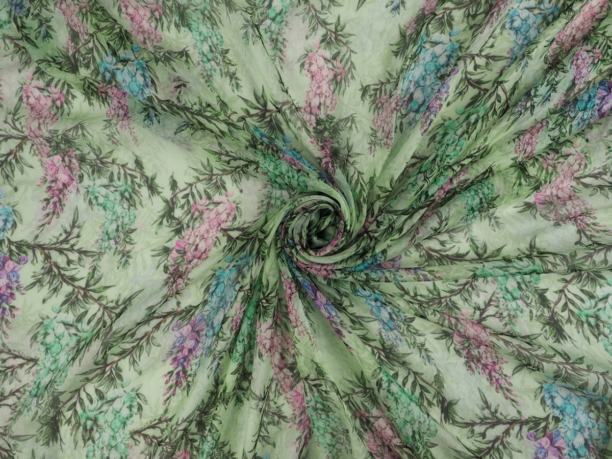 Jedwab szyfon - Kolorowe wisterie pistacjowe tło Jedwab szyfon - Kolorowe wisterie pistacjowe tło