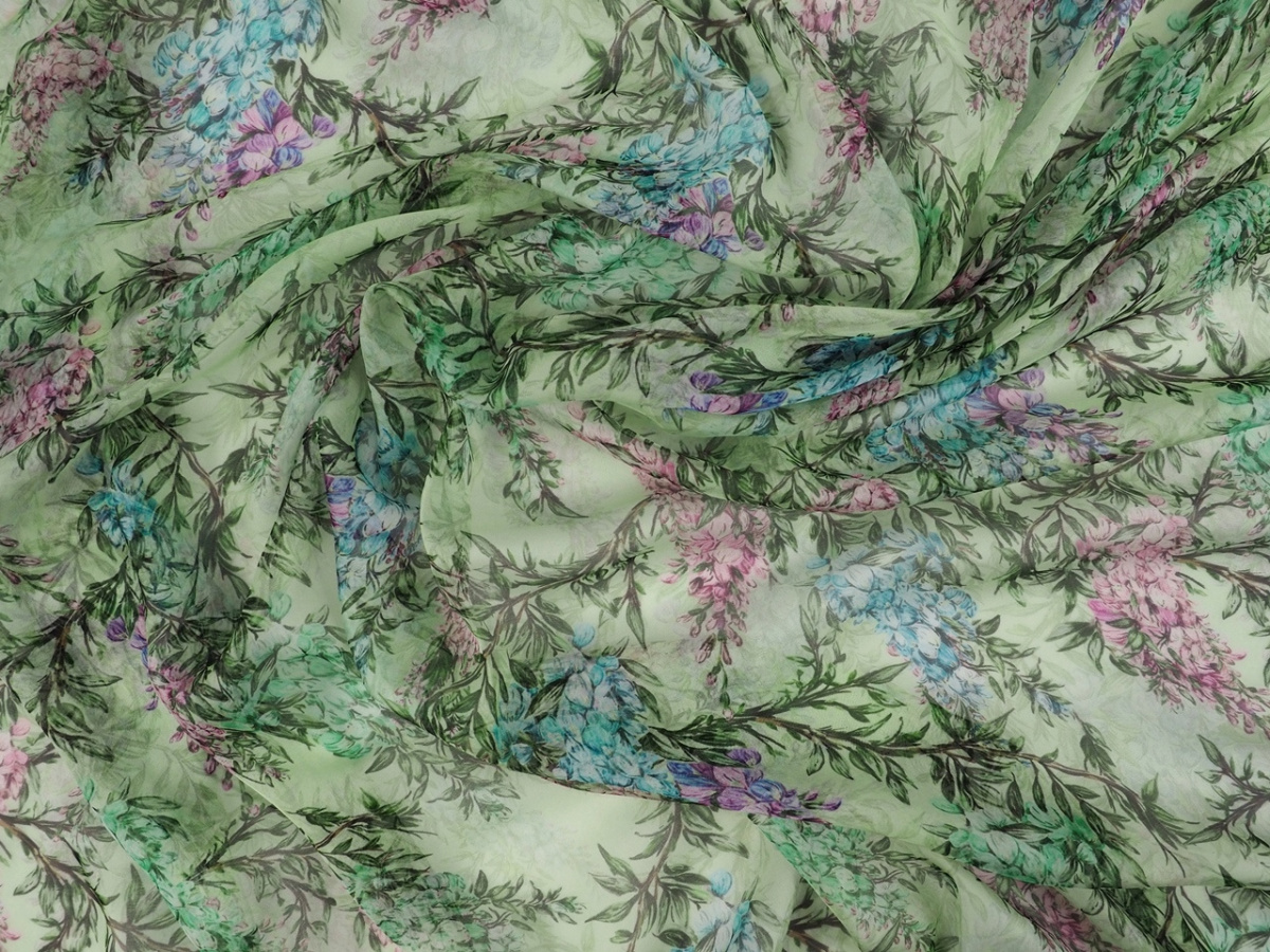 Jedwab szyfon - Kolorowe wisterie pistacjowe tło Jedwab szyfon - Kolorowe wisterie pistacjowe tło