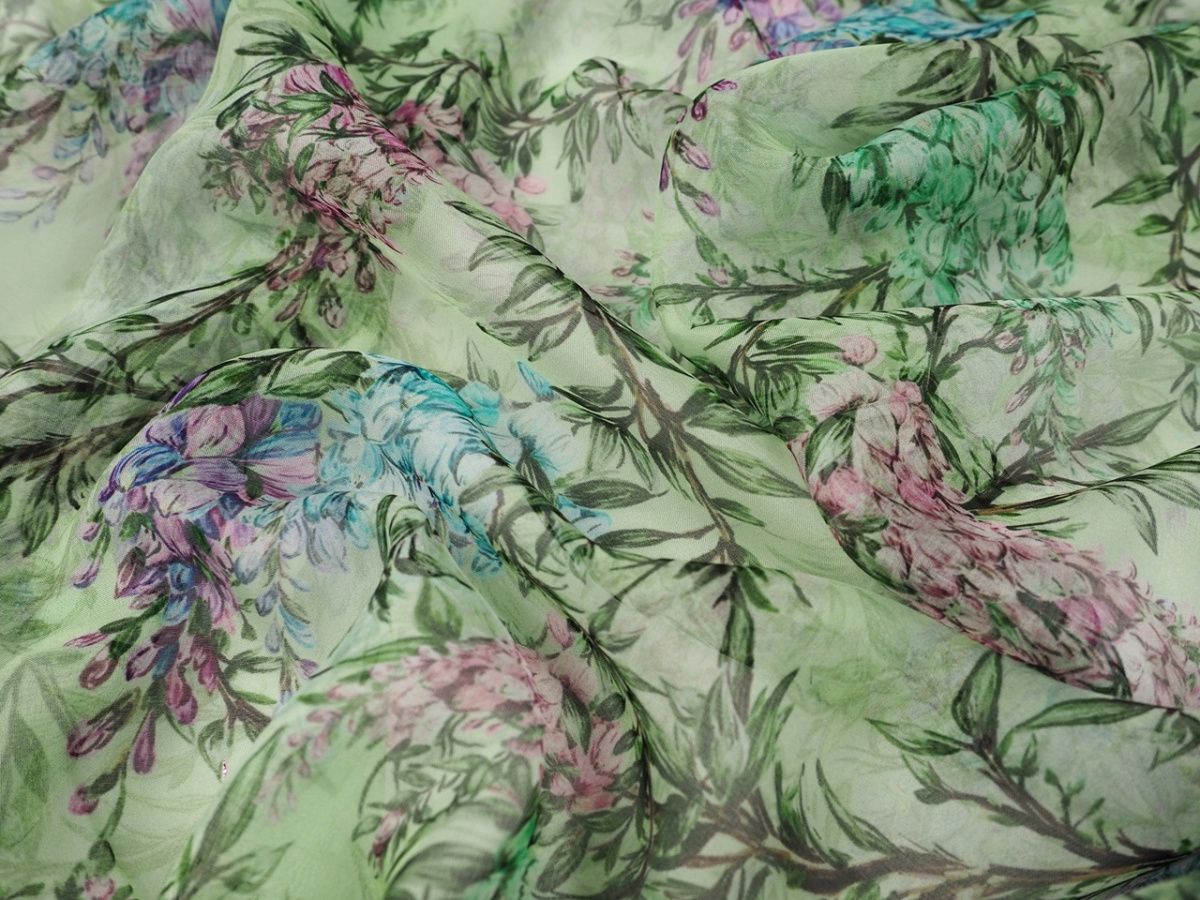 Jedwab szyfon - Kolorowe wisterie pistacjowe tło Jedwab szyfon - Kolorowe wisterie pistacjowe tło