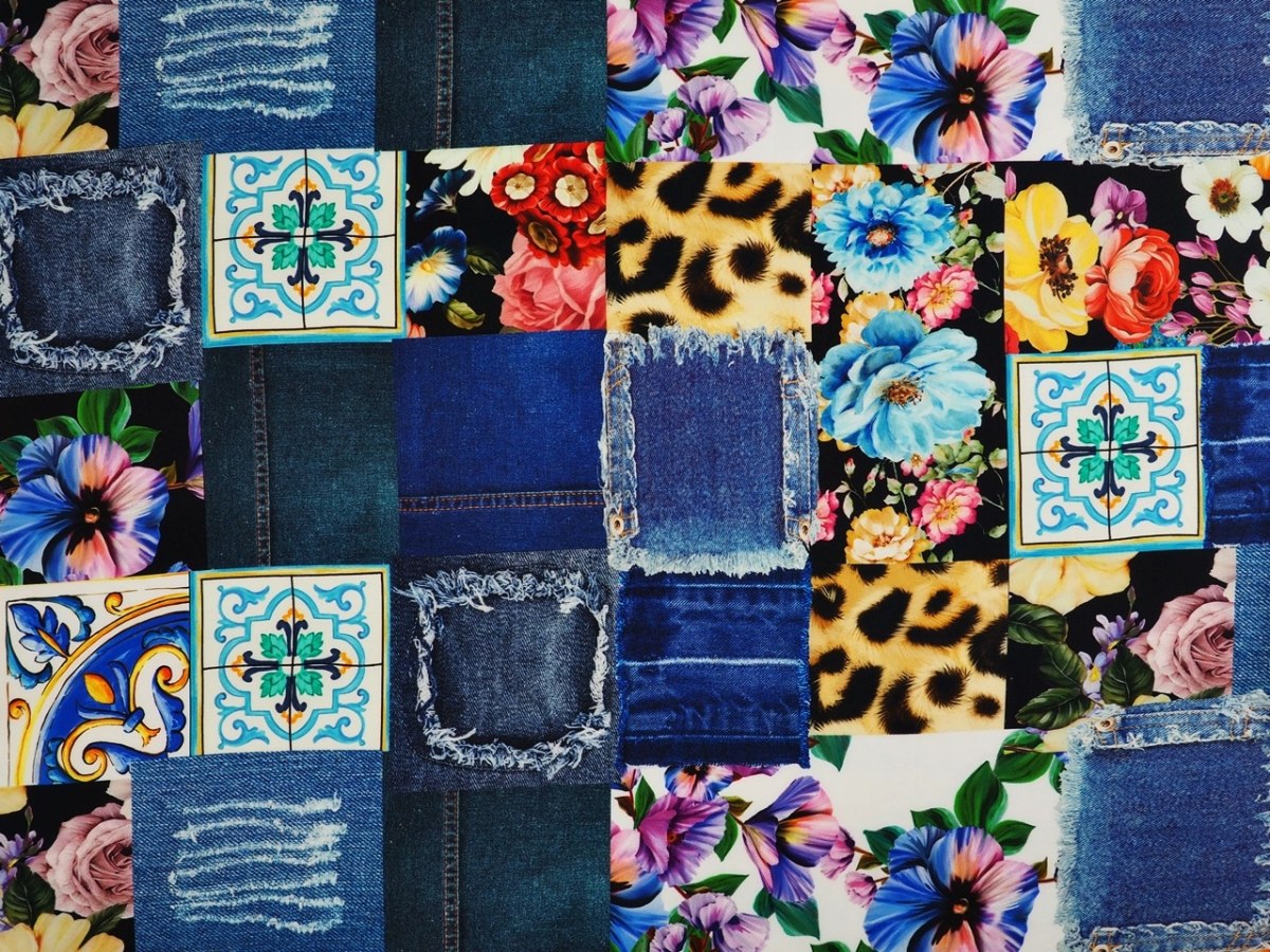 Jedwab elastyczny - Jeansowy patchwork niebieski Jedwab elastyczny - Jeansowy patchwork niebieski