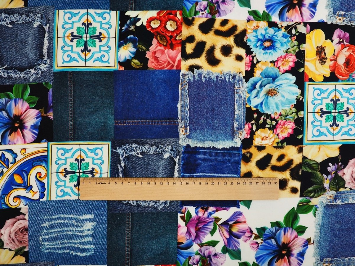 Jedwab elastyczny - Jeansowy patchwork niebieski Jedwab elastyczny - Jeansowy patchwork niebieski