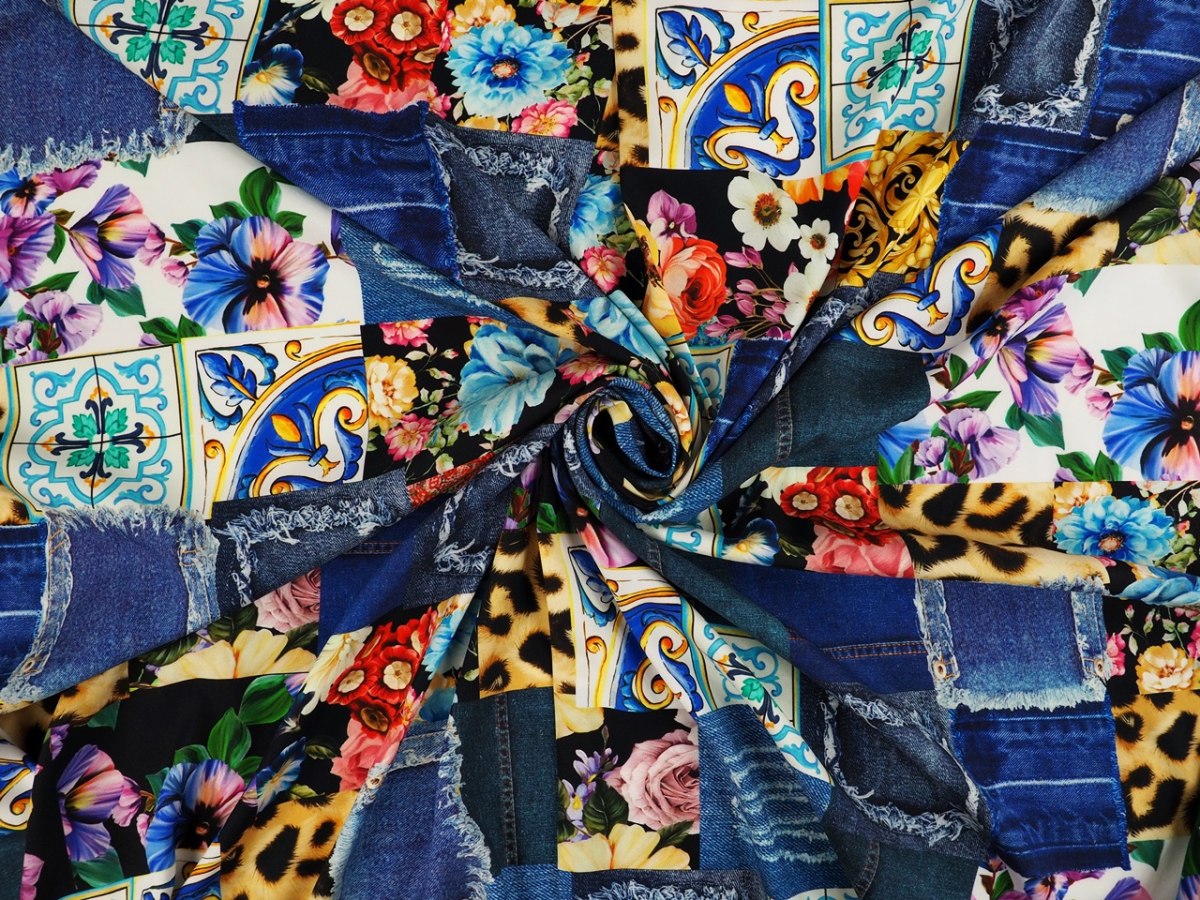 Jedwab elastyczny - Jeansowy patchwork niebieski Jedwab elastyczny - Jeansowy patchwork niebieski