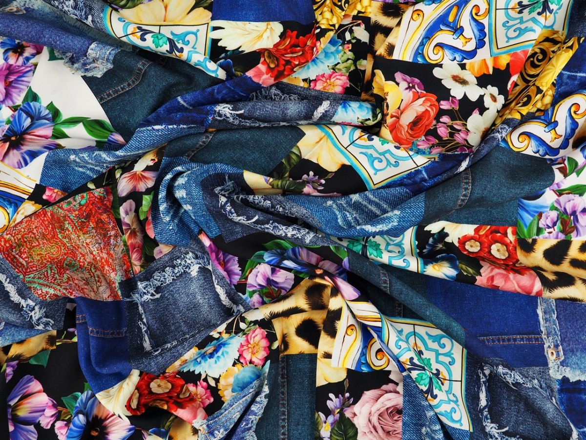 Jedwab elastyczny - Jeansowy patchwork niebieski Jedwab elastyczny - Jeansowy patchwork niebieski