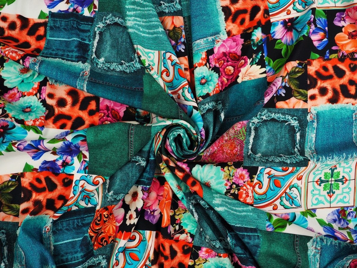 Jedwab elastyczny - Jeansowy patchwork czerwień Jedwab elastyczny - Jeansowy patchwork czerwień