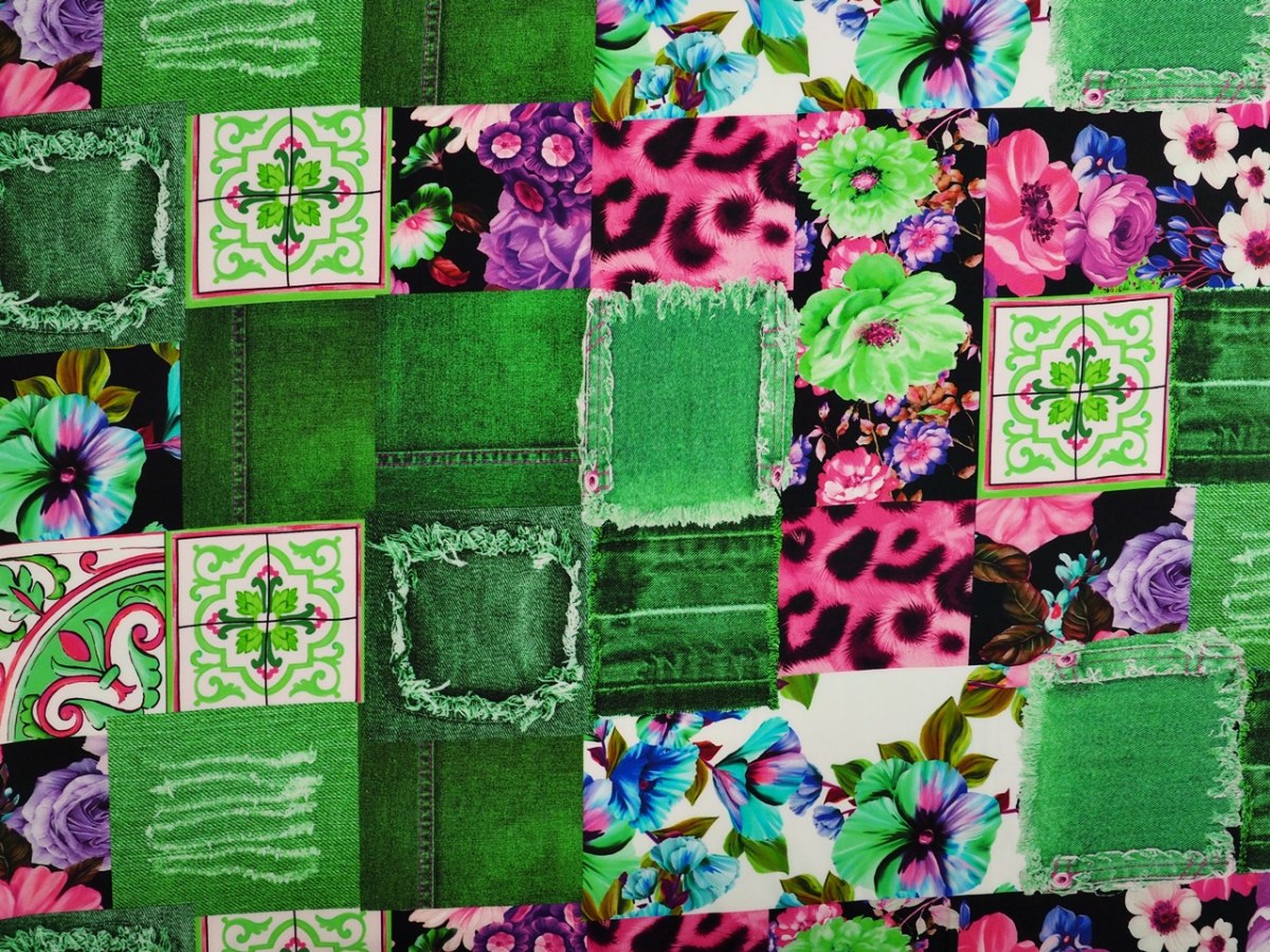 Jedwab elastyczny - Jeansowy patchwork zieleń Jedwab elastyczny - Jeansowy patchwork zieleń