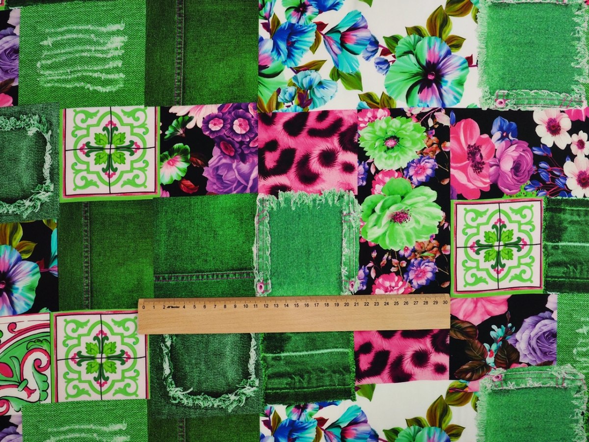 Jedwab elastyczny - Jeansowy patchwork zieleń Jedwab elastyczny - Jeansowy patchwork zieleń