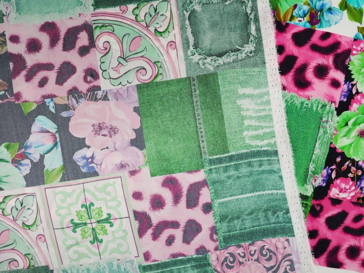 Jedwab elastyczny - Jeansowy patchwork zieleń Jedwab elastyczny - Jeansowy patchwork zieleń