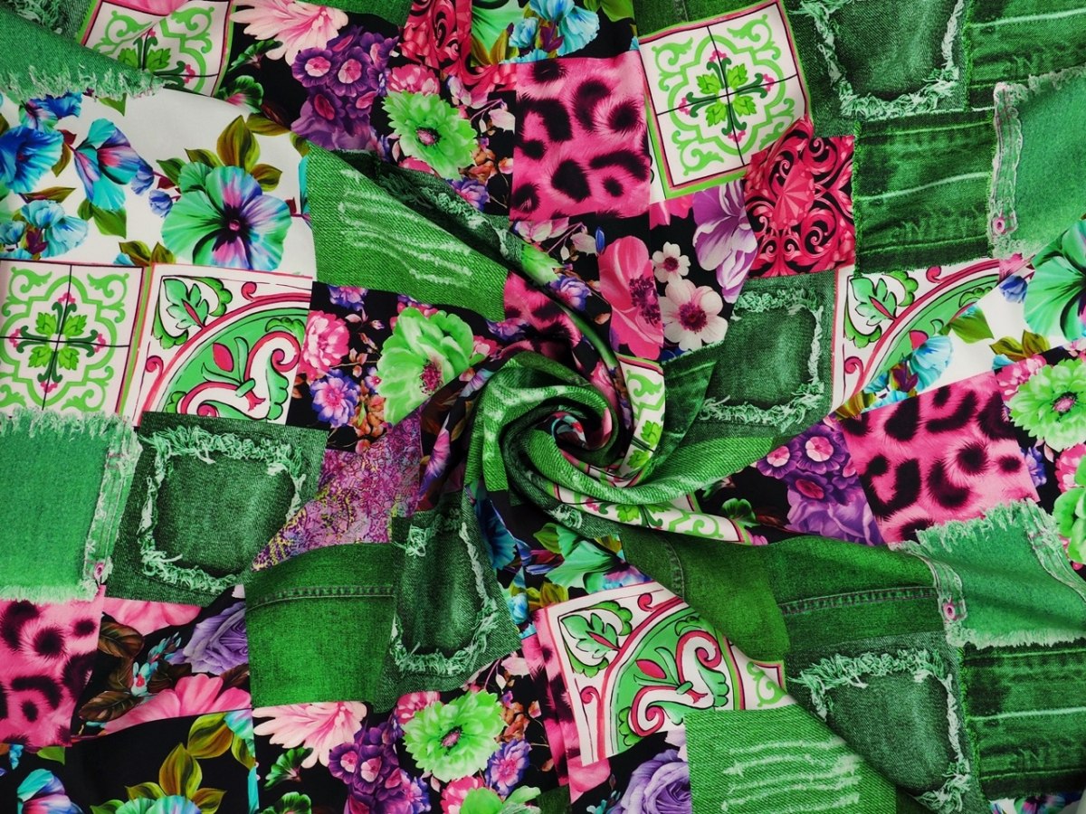 Jedwab elastyczny - Jeansowy patchwork zieleń Jedwab elastyczny - Jeansowy patchwork zieleń
