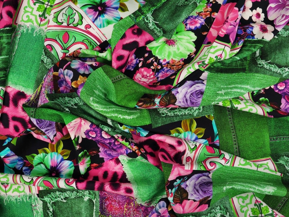 Jedwab elastyczny - Jeansowy patchwork zieleń Jedwab elastyczny - Jeansowy patchwork zieleń