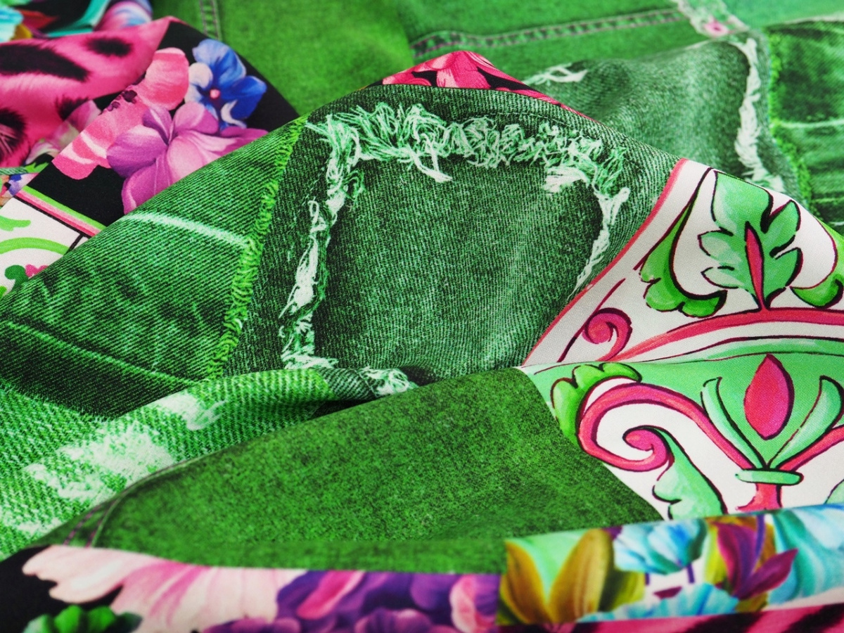 Jedwab elastyczny - Jeansowy patchwork zieleń Jedwab elastyczny - Jeansowy patchwork zieleń
