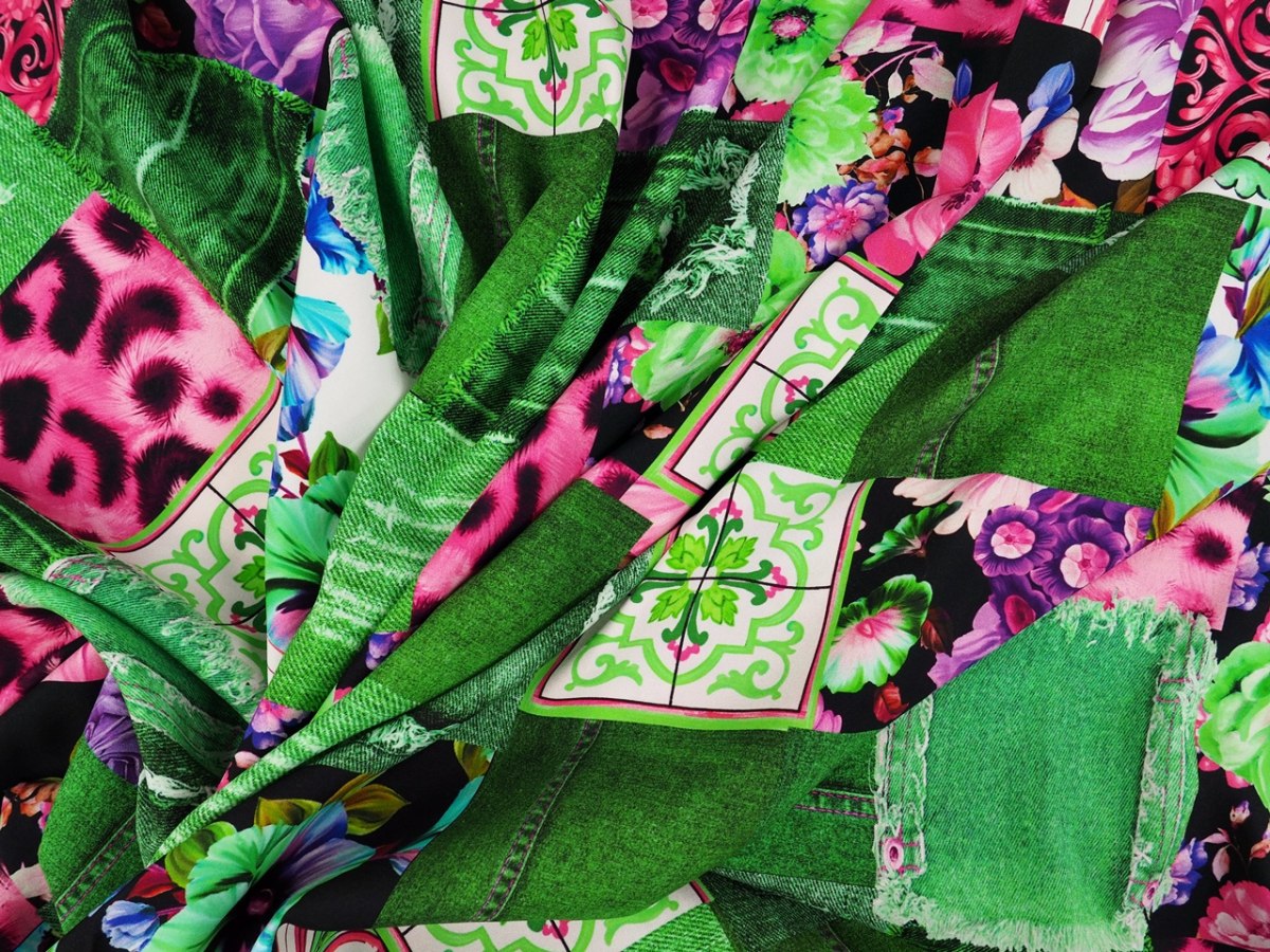 Jedwab elastyczny - Jeansowy patchwork zieleń Jedwab elastyczny - Jeansowy patchwork zieleń