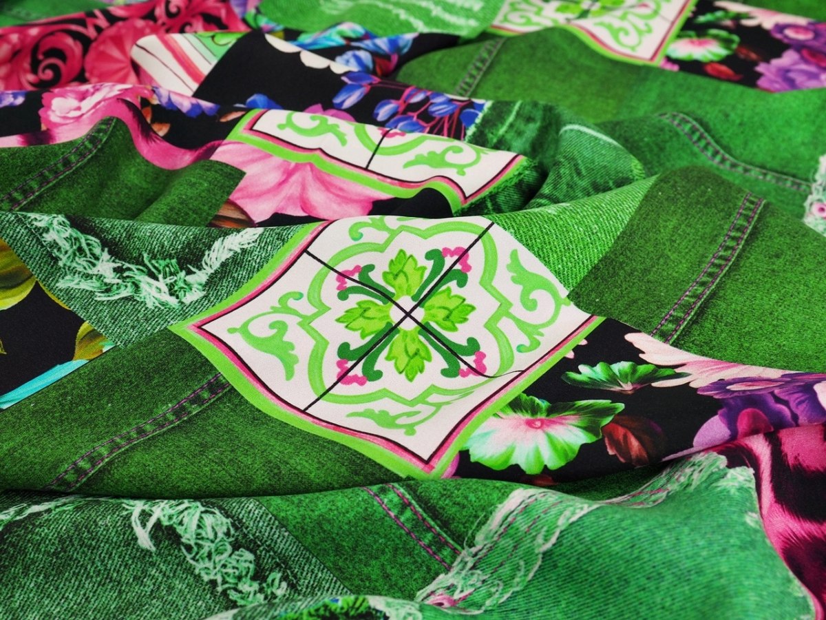 Jedwab elastyczny - Jeansowy patchwork zieleń Jedwab elastyczny - Jeansowy patchwork zieleń