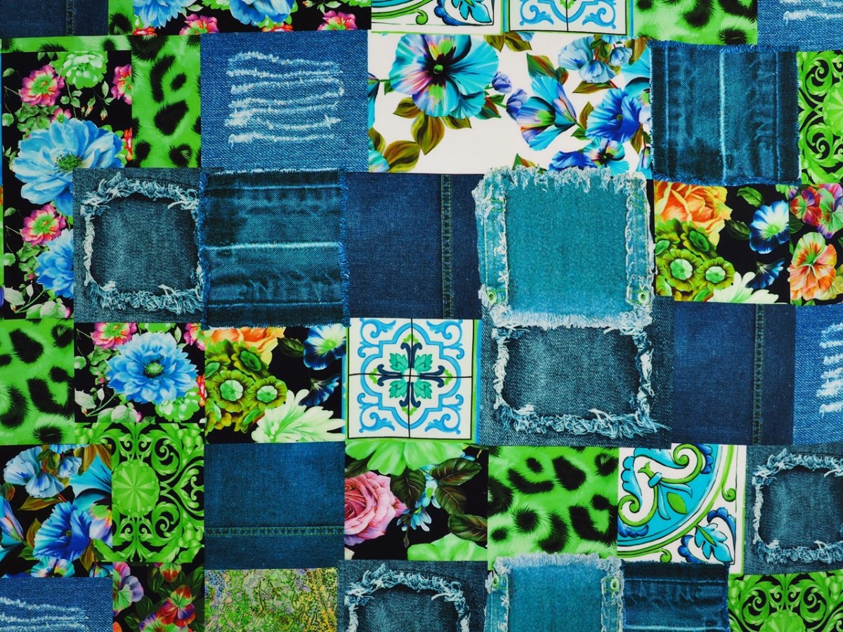 Jedwab elastyczny - Jeansowy patchwork neon zieleń Jedwab elastyczny - Jeansowy patchwork neon zieleń
