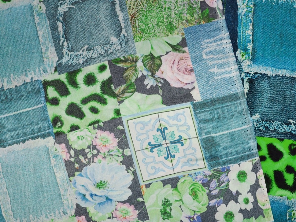 Jedwab elastyczny - Jeansowy patchwork neon zieleń Jedwab elastyczny - Jeansowy patchwork neon zieleń