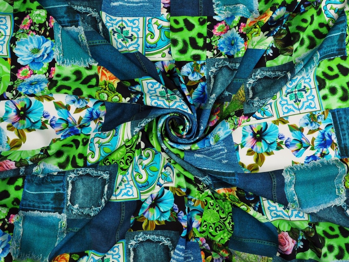 Jedwab elastyczny - Jeansowy patchwork neon zieleń Jedwab elastyczny - Jeansowy patchwork neon zieleń
