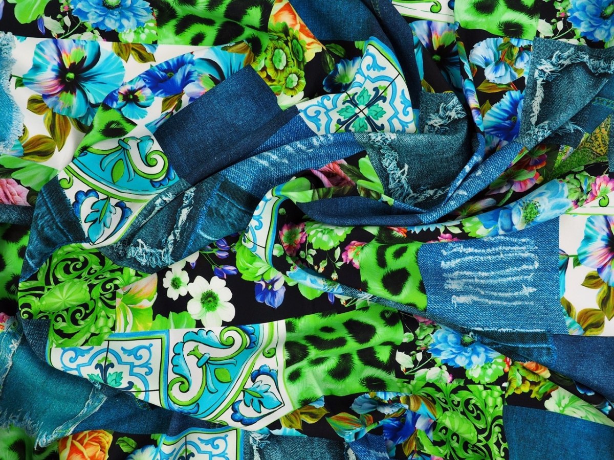 Jedwab elastyczny - Jeansowy patchwork neon zieleń Jedwab elastyczny - Jeansowy patchwork neon zieleń