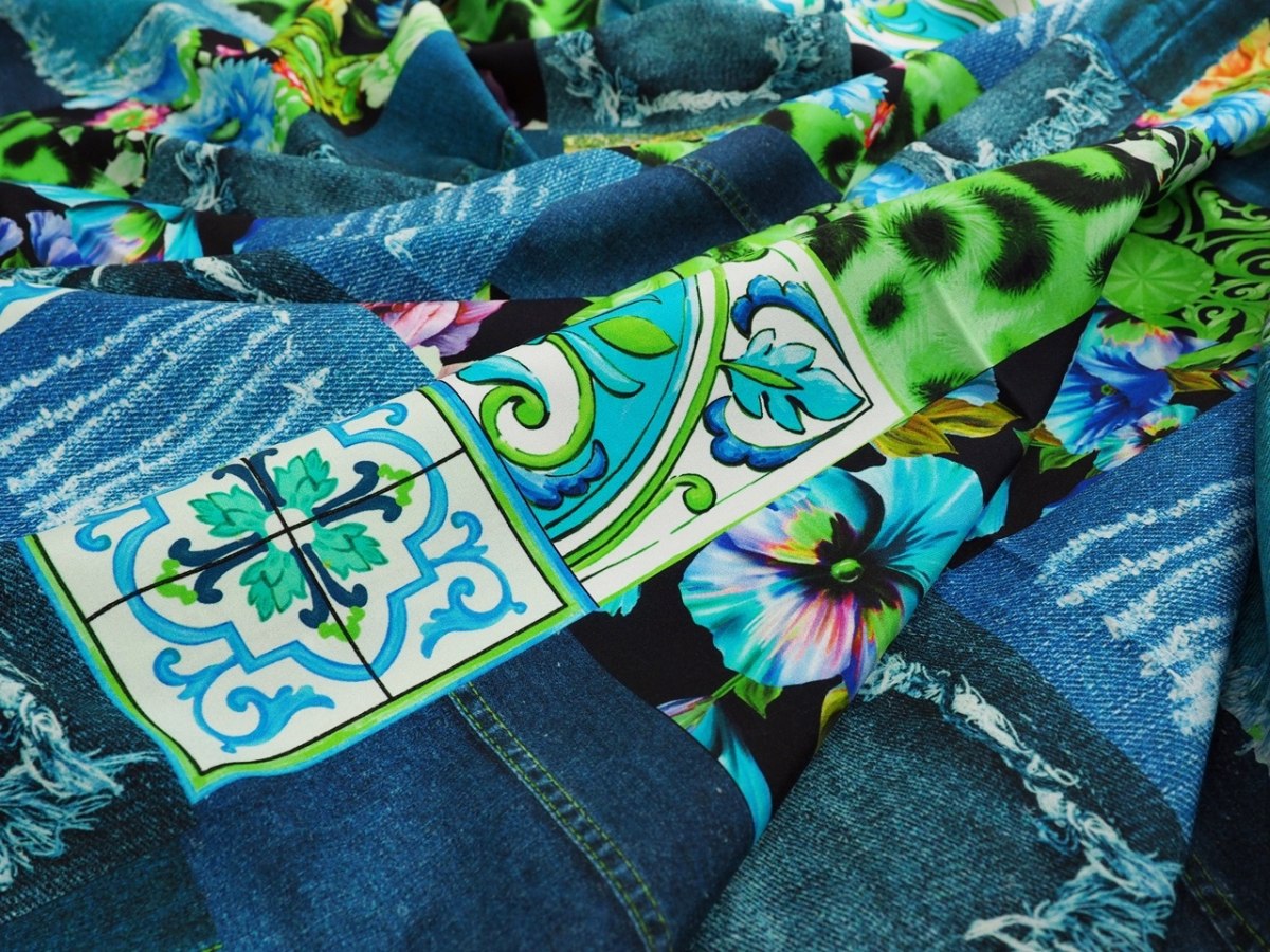 Jedwab elastyczny - Jeansowy patchwork neon zieleń Jedwab elastyczny - Jeansowy patchwork neon zieleń