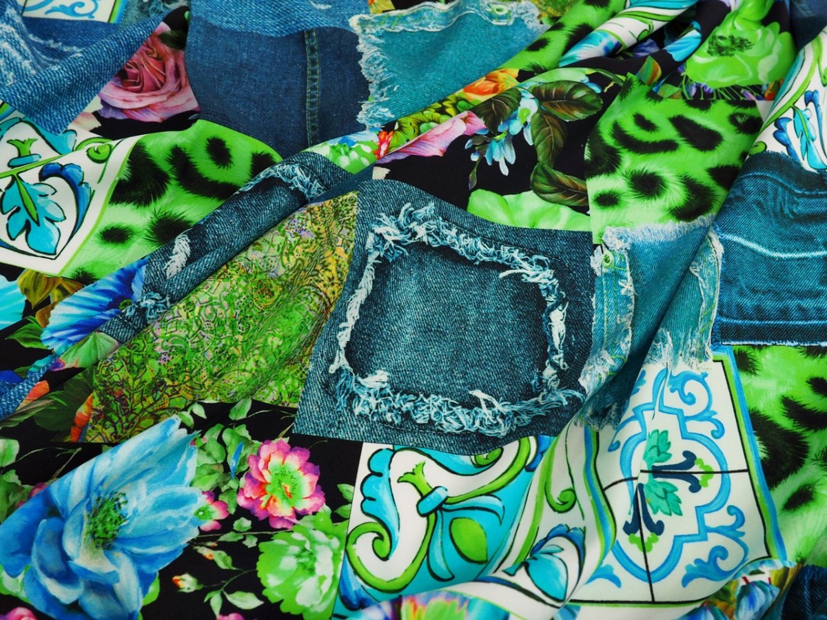 Jedwab elastyczny - Jeansowy patchwork neon zieleń Jedwab elastyczny - Jeansowy patchwork neon zieleń