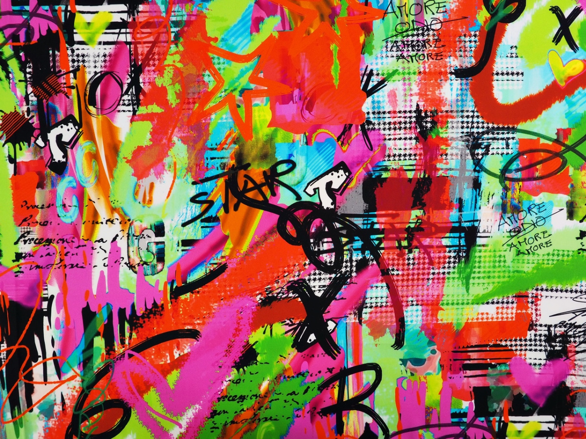 Jedwab elastyczny - Ściana graffiti róż i pepitka Jedwab elastyczny - Ściana graffiti róż i pepitka