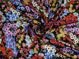 Jedwab satyna - Wielokolorowe kwiaty na czerni