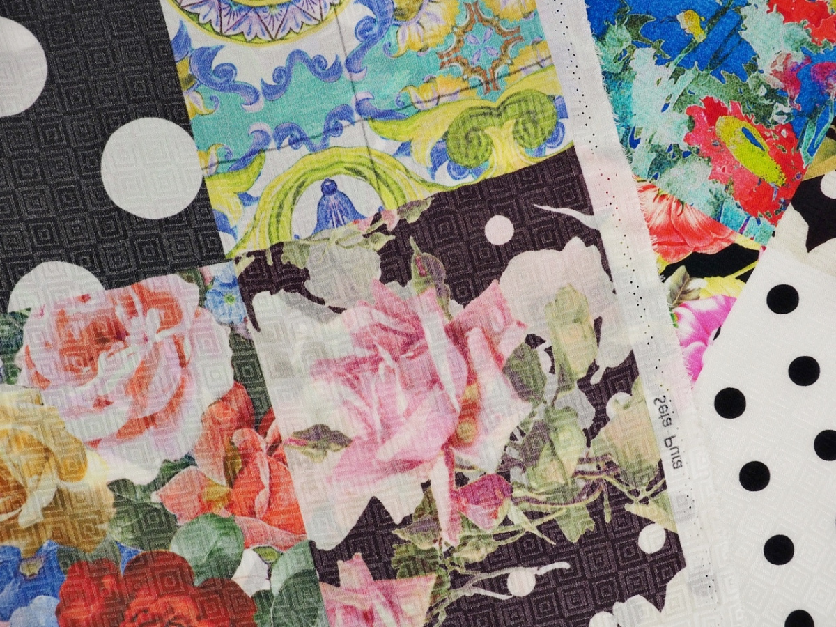 Jedwab wytłaczany - Patchwork kwiaty i grochy Jedwab wytłaczany - Patchwork kwiaty i grochy