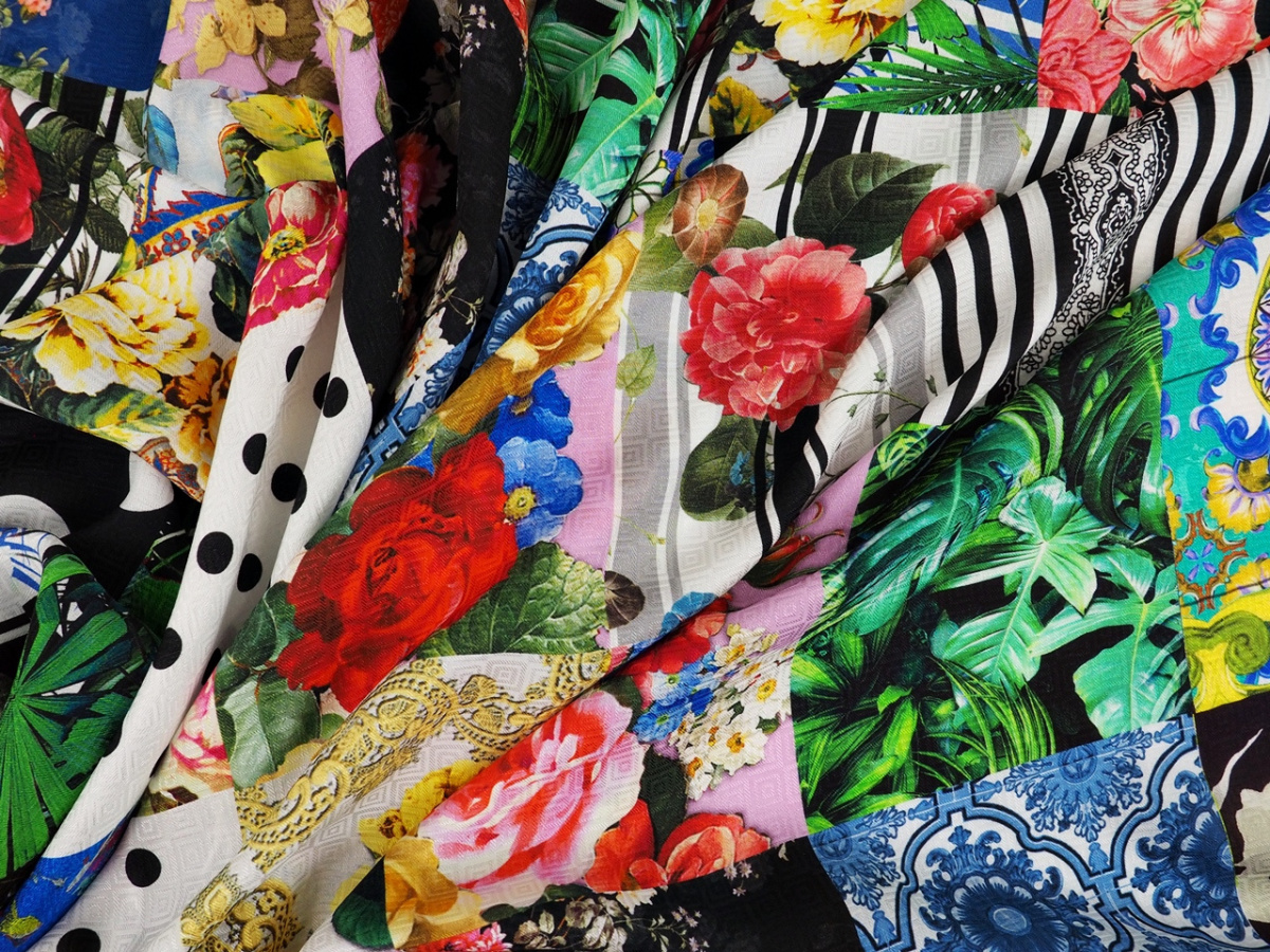 Jedwab wytłaczany - Patchwork kwiaty i grochy Jedwab wytłaczany - Patchwork kwiaty i grochy