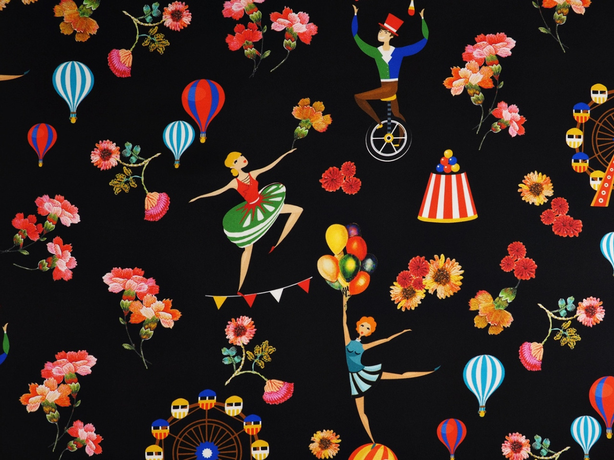 Jedwab twill - Cyrk, kwiaty i balony