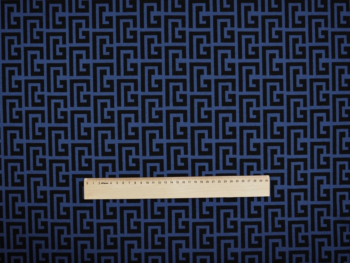 Dzianina - Czarne meandry na niebieskim tle Dzianina - Czarne meandry na niebieskim tle