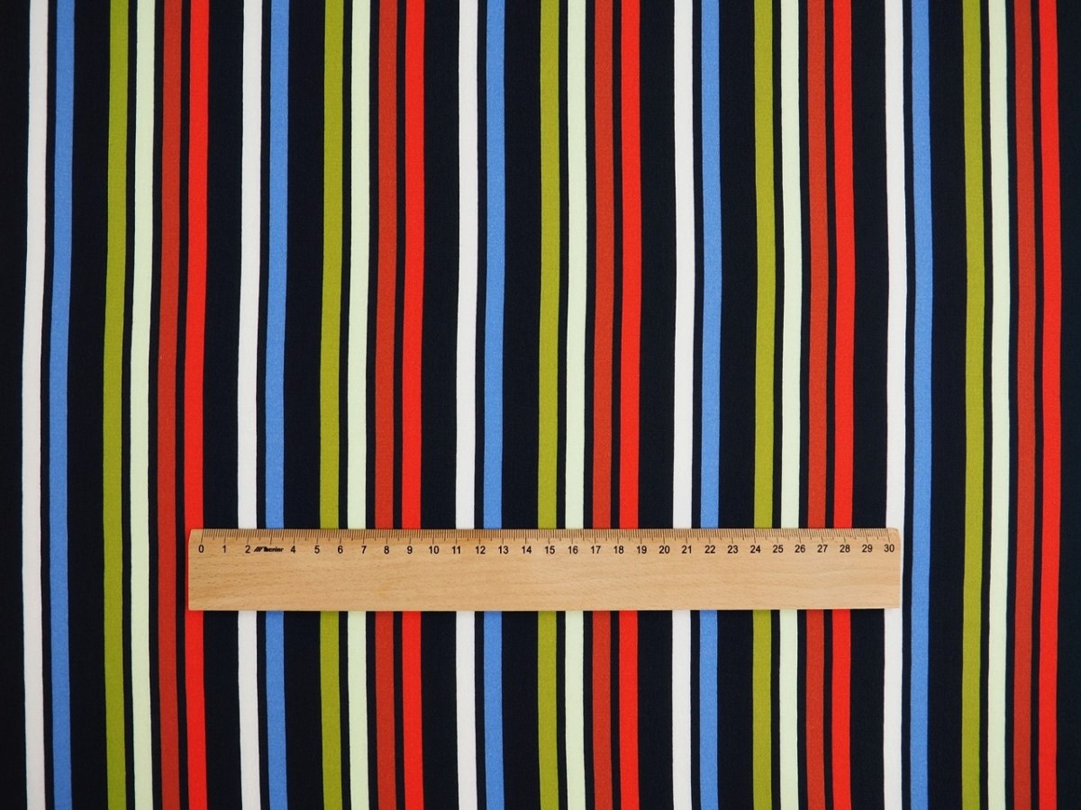 Wiskoza - Retro paski zieleń, koral, błękit Wiskoza - Retro paski zieleń, koral, błękit