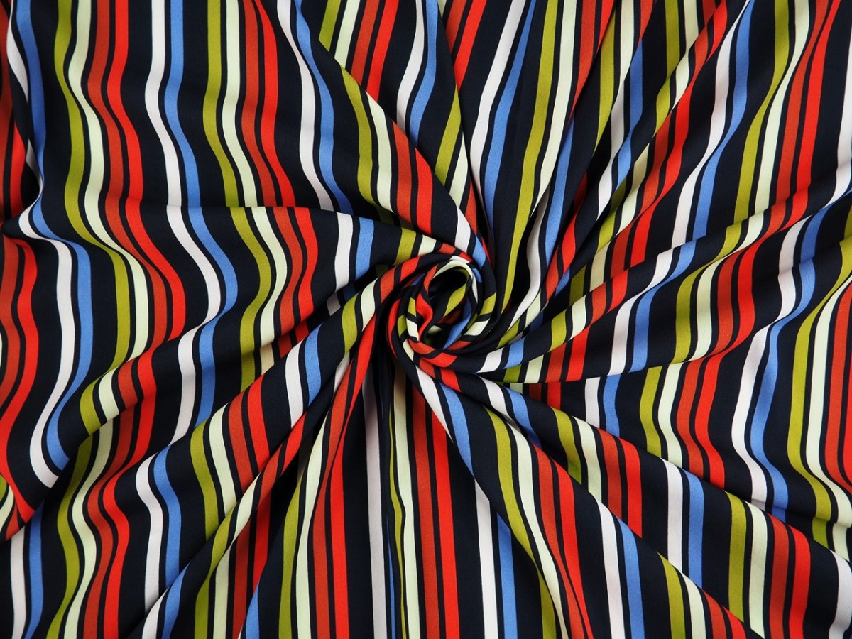 Wiskoza - Retro paski zieleń, koral, błękit Wiskoza - Retro paski zieleń, koral, błękit