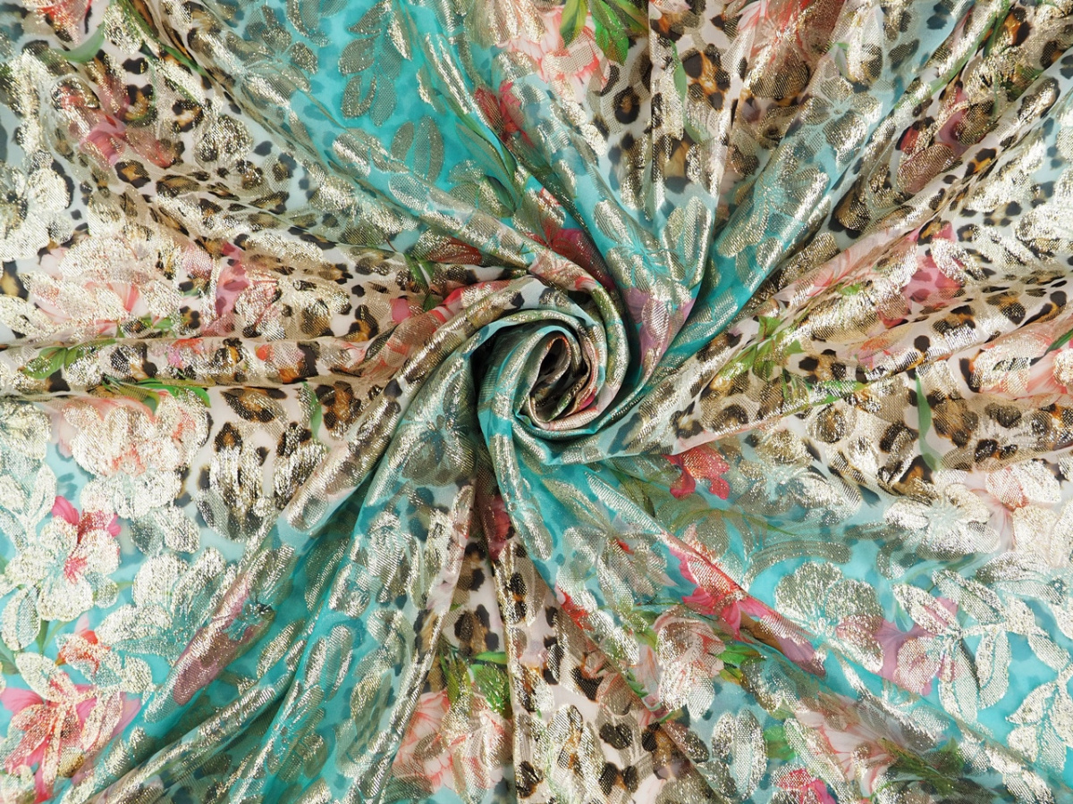 Jedwab lurex - Panterka, błękit i złote kwiaty