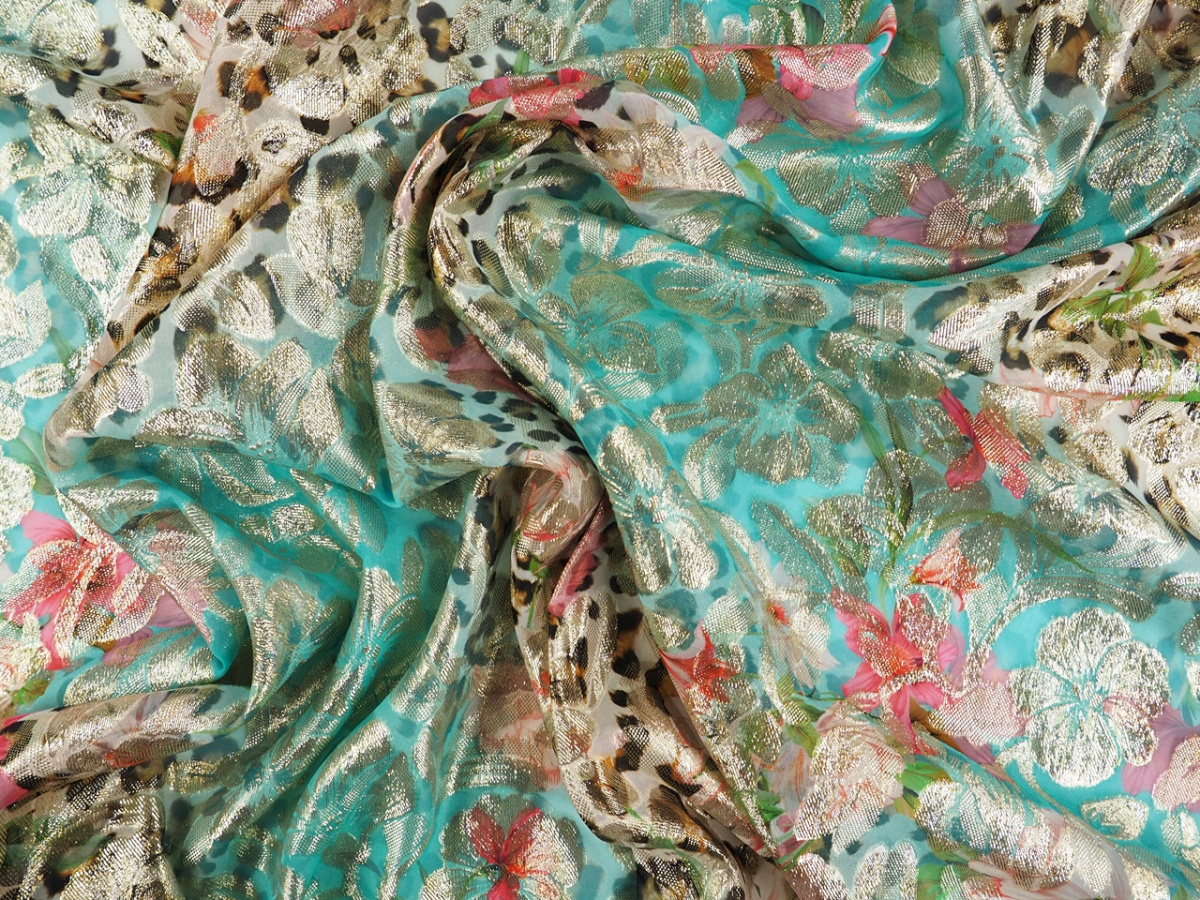 Jedwab lurex - Panterka, błękit i złote kwiaty Jedwab lurex - Panterka, błękit i złote kwiaty