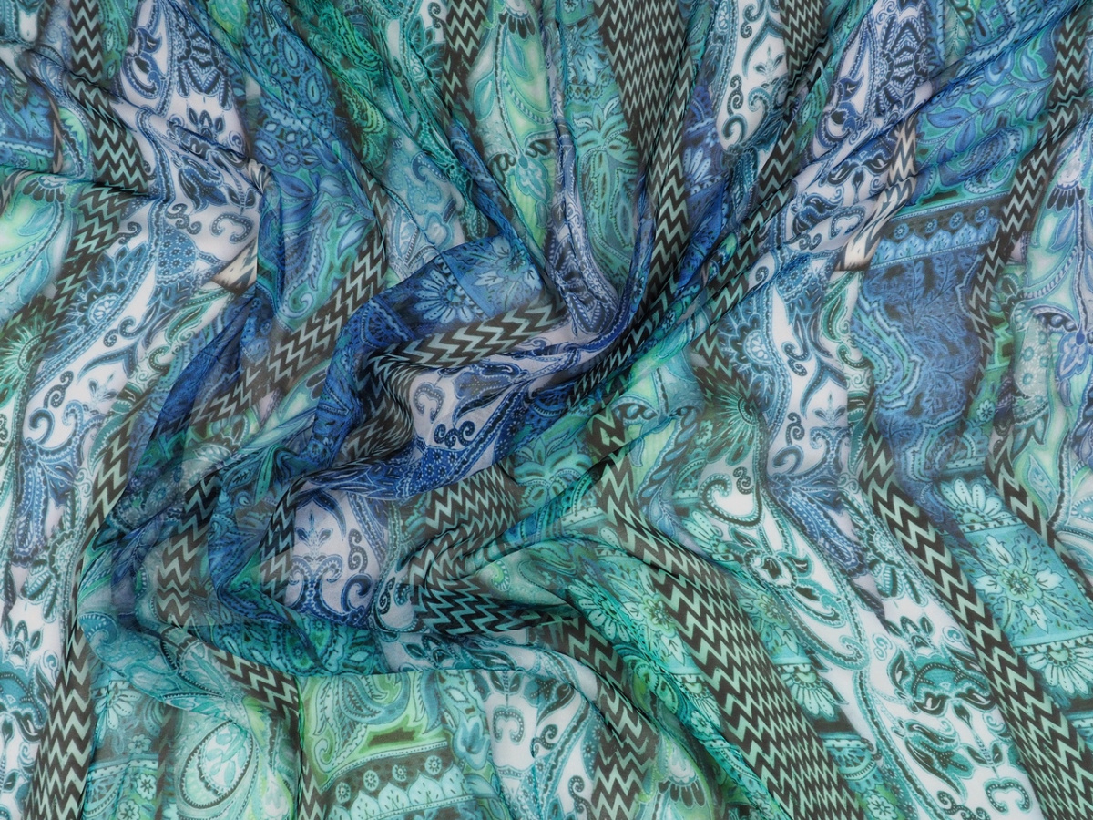 Jedwab szyfon - Niebieskie, pionowe wzory