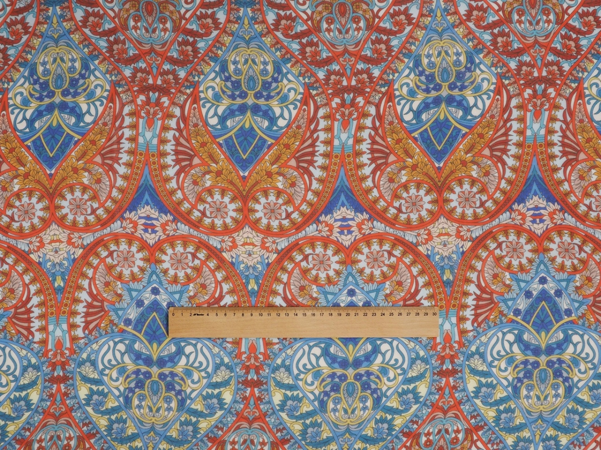 Jedwab szyfon - Pomarańczowe i niebieskie ornamenty Jedwab szyfon - Pomarańczowe i niebieskie ornamenty