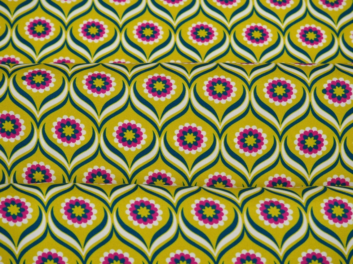 Jedwab elastyczny - Retro kwiatki na limonce Jedwab elastyczny - Retro kwiatki na limonce