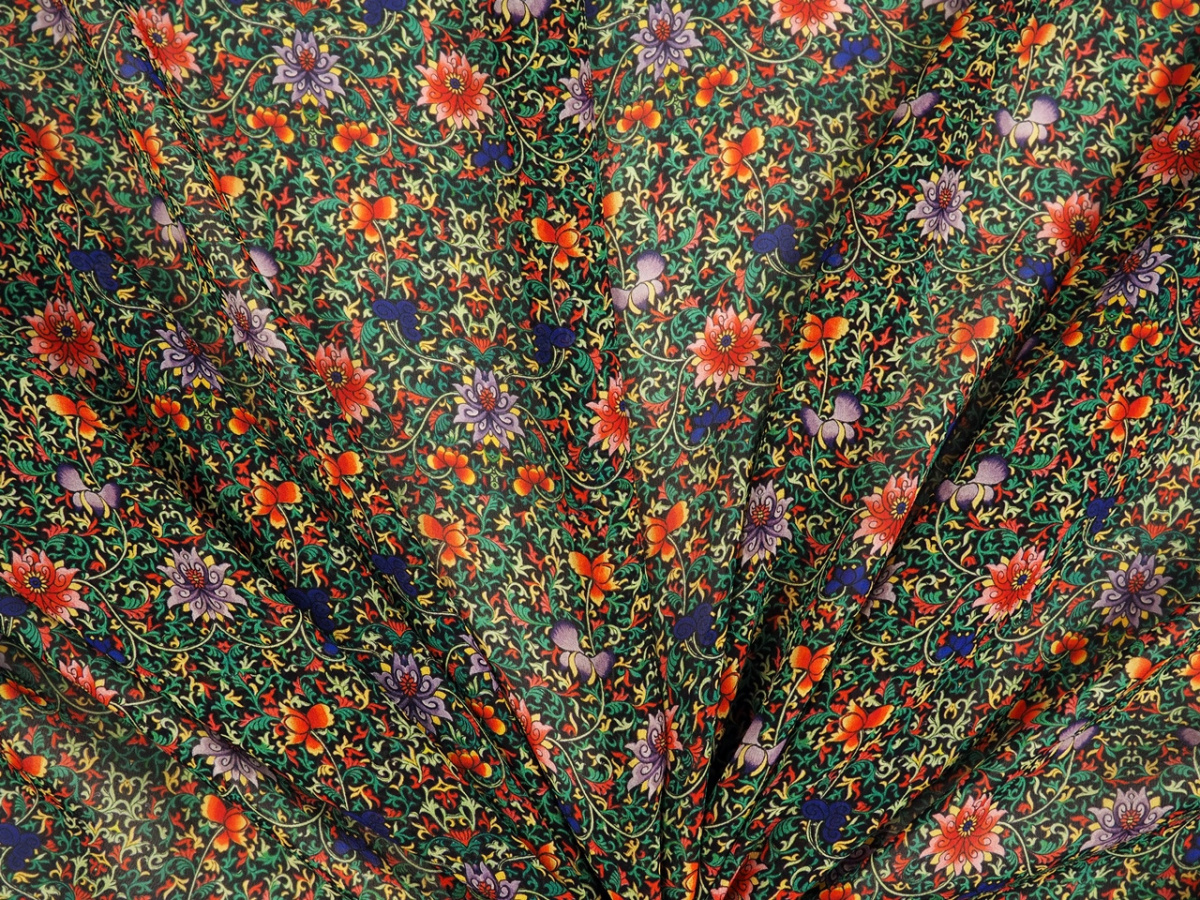 Jedwab szyfon - Gęste retro kwiaty