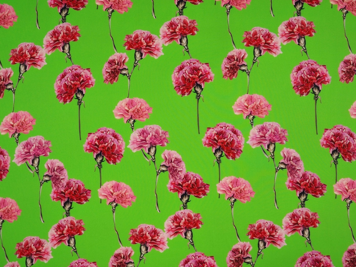 Jedwab elastyczny - Różowe goździki na zielonym tle