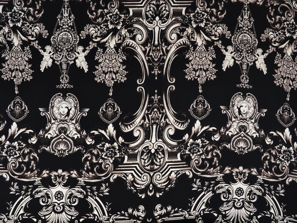 Jedwab elastyczny - Ornamenty i amorki czerń Jedwab elastyczny - Ornamenty i amorki czerń