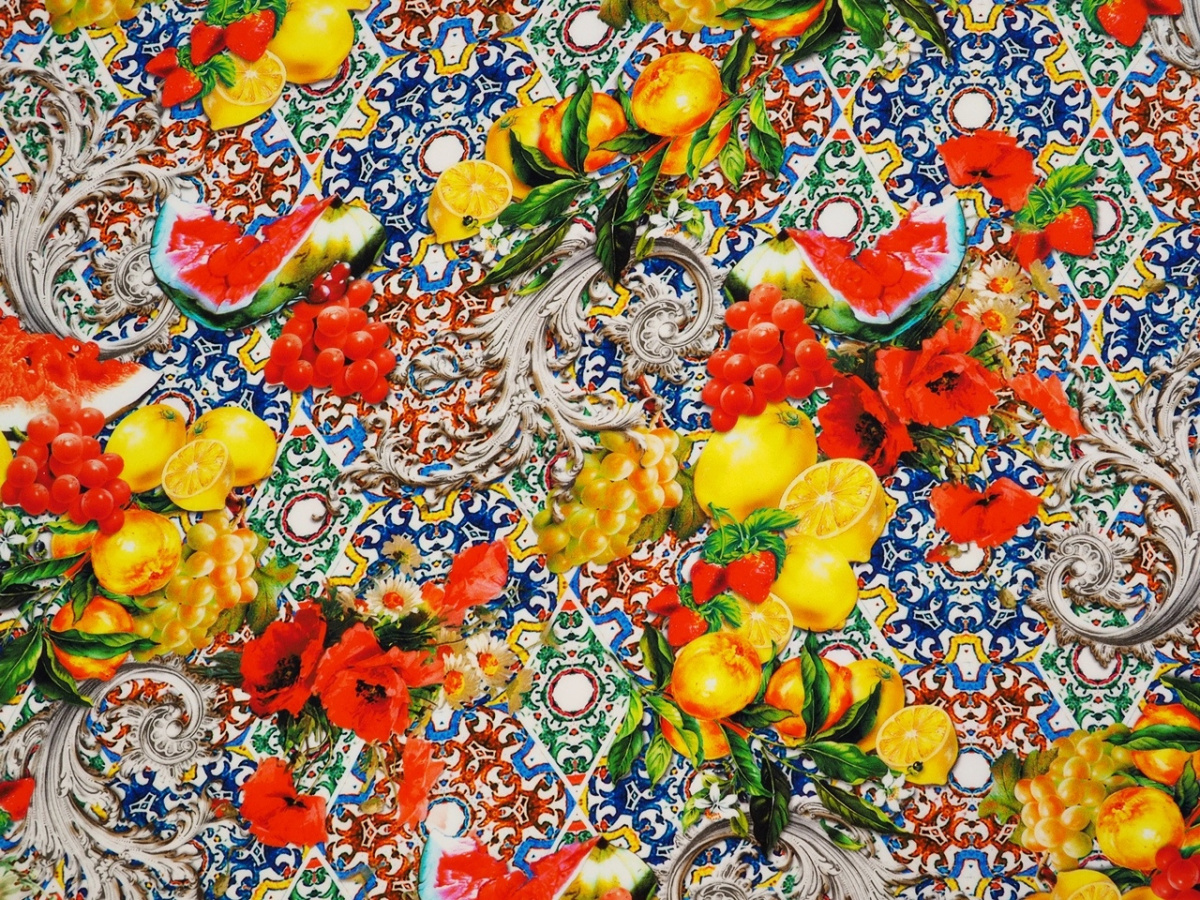 Jedwab krepa - Maki, cytryny, ornamenty Jedwab krepa - Maki, cytryny, ornamenty