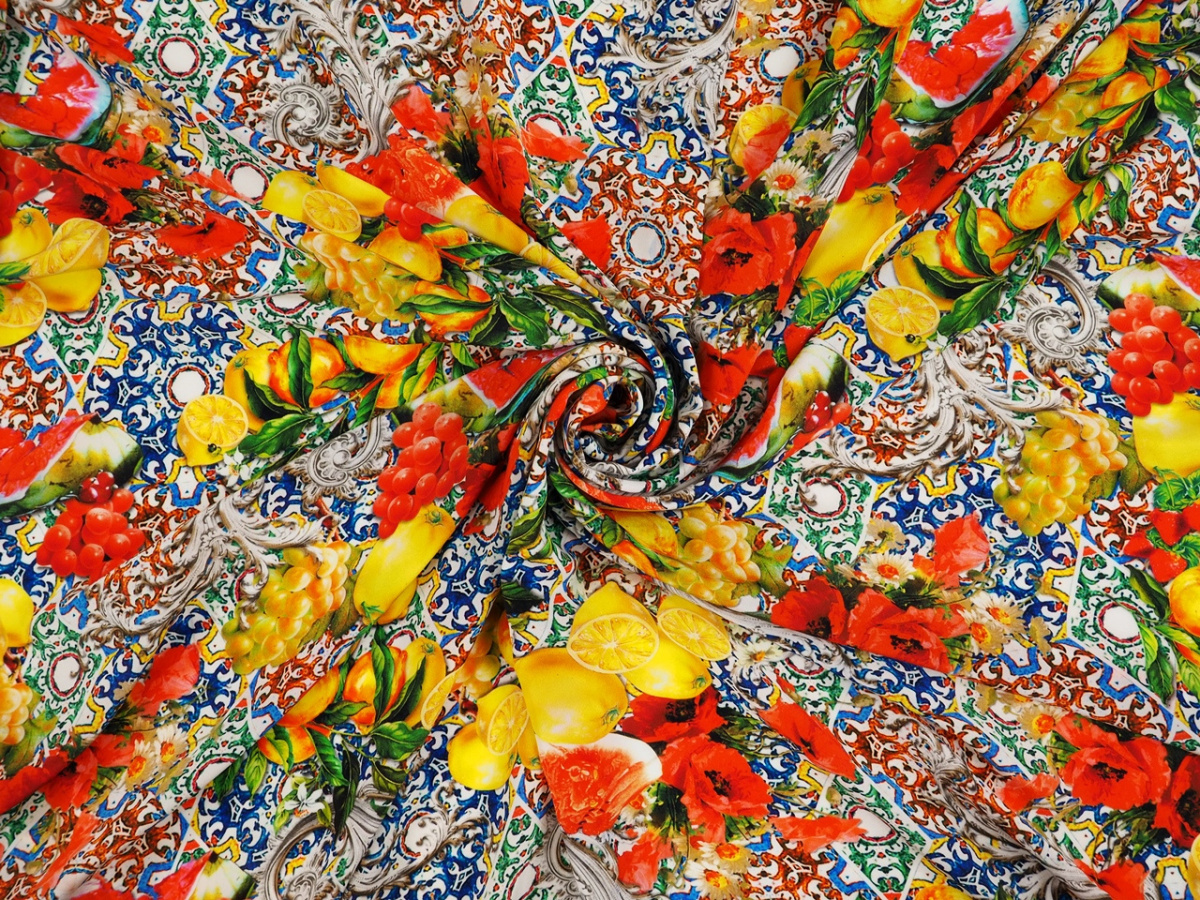 Jedwab krepa - Maki, cytryny, ornamenty Jedwab krepa - Maki, cytryny, ornamenty